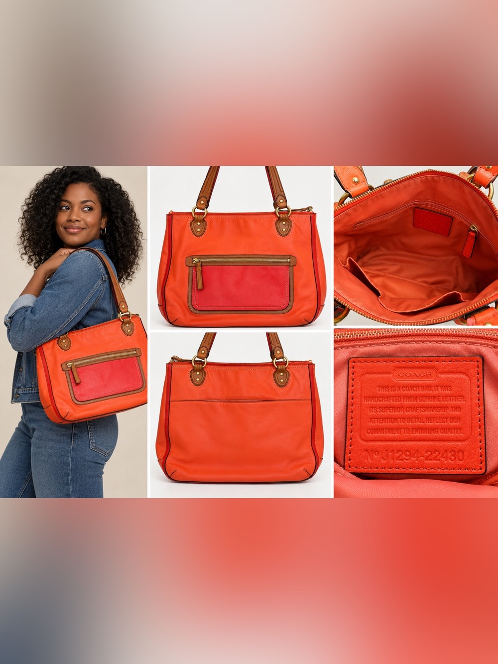 Coach J1294-22430 Orange Coral Leather Tote Shoulder Bag Colorblock Zip Pocket